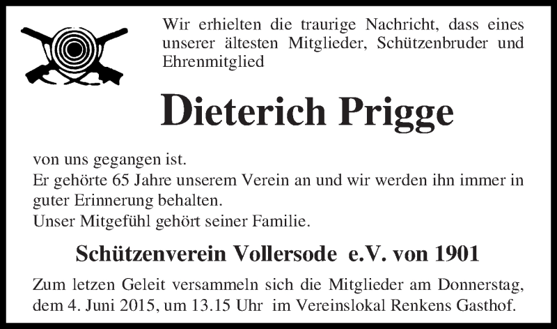 Traueranzeige von Dieterich Prigge von Osterholzer Kreisblatt
