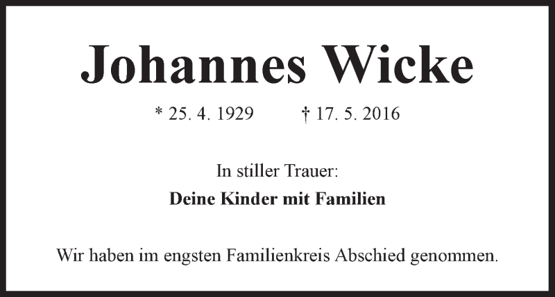 Traueranzeige von Johannes Wicke von WESER-KURIER