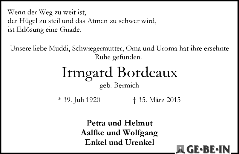 Traueranzeige von Irmgard Bordeaux von WESER-KURIER
