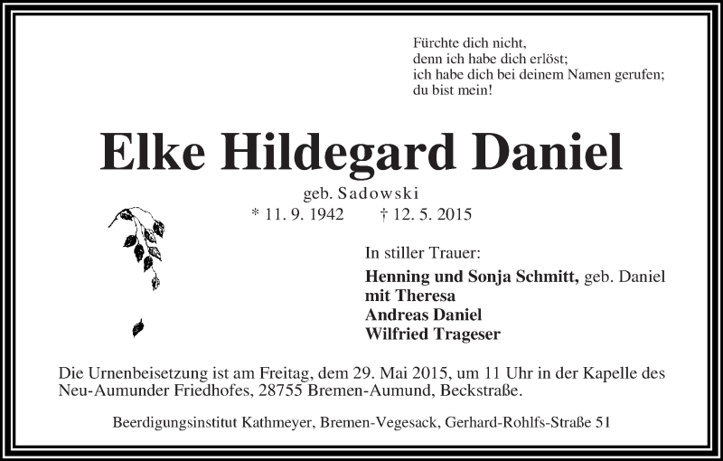 Traueranzeige von Elke Hildegard Daniel von WESER-KURIER