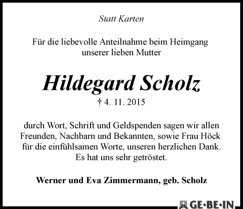 Traueranzeige von Hildegard Scholz von WESER-KURIER