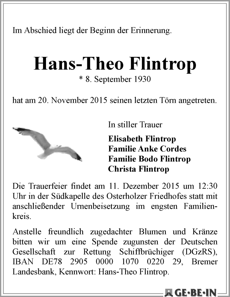 Traueranzeige von Hans-Theo Flintrop von WESER-KURIER