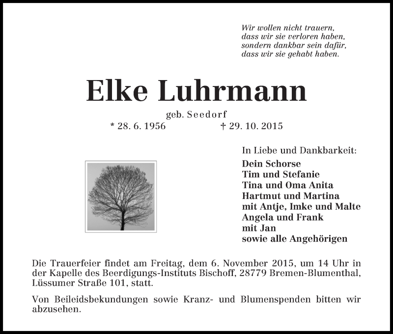 Traueranzeige von Elke Luhrmann von Die Norddeutsche