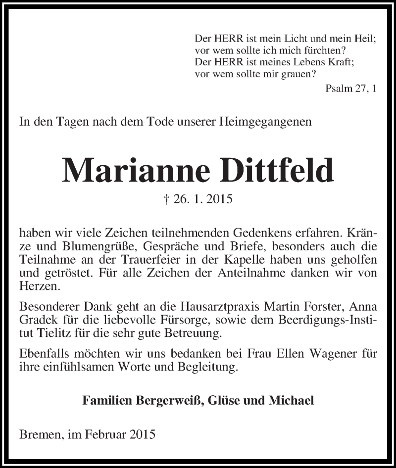 Traueranzeige von Marianne Dittfeld von WESER-KURIER