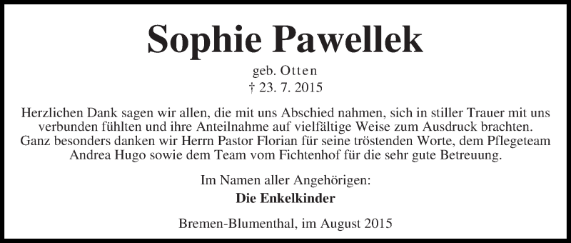 Traueranzeige von Sophie Pawellek von Die Norddeutsche