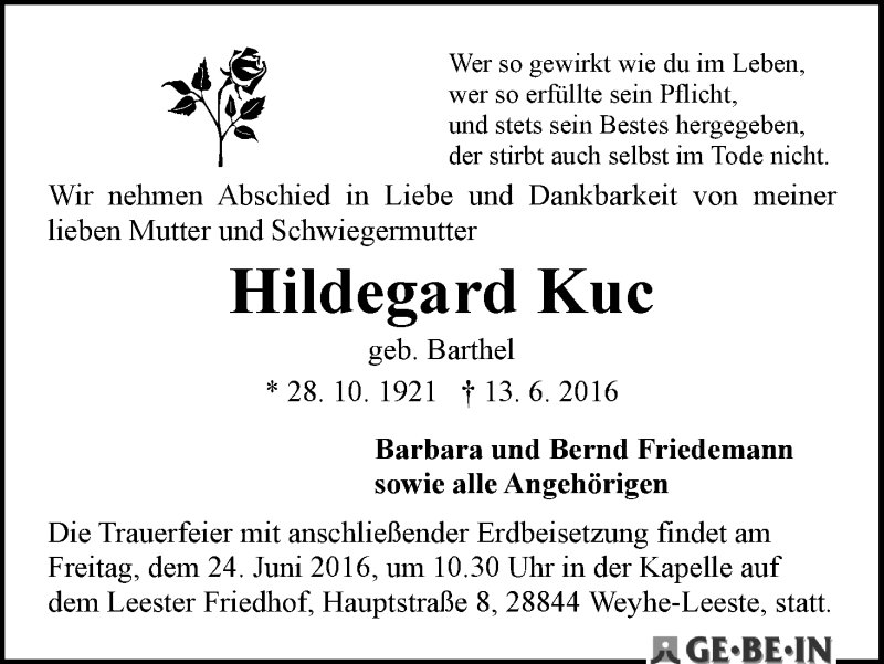 Traueranzeige von Hildegard Kuc von WESER-KURIER