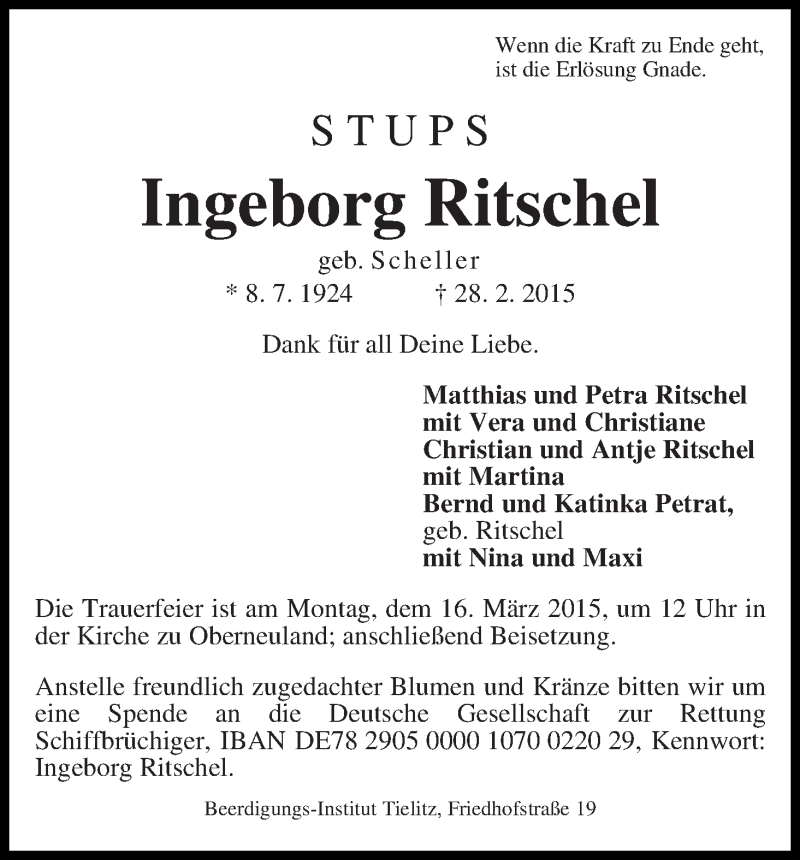 Traueranzeige von Ingeborg Ritschel von WESER-KURIER