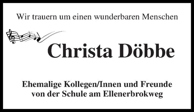 Traueranzeige von Christa Döbbe von WESER-KURIER