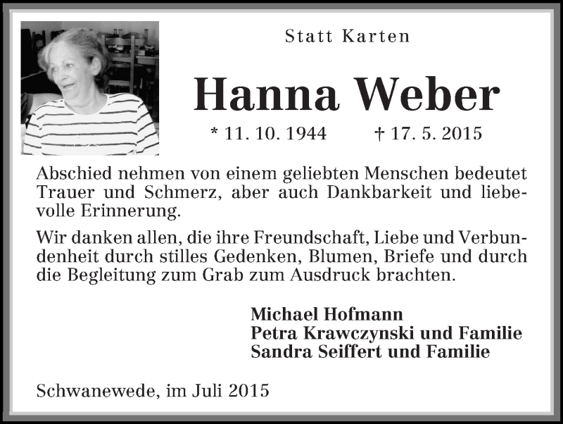 Traueranzeige von Hanna Weber von Die Norddeutsche