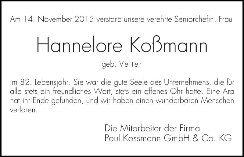 Traueranzeige von Hannelore Koßmann von WESER-KURIER