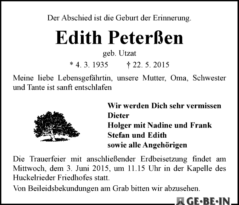 Traueranzeige von Edith Peterßen von WESER-KURIER