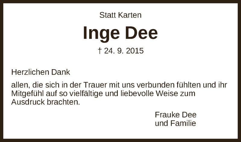 Traueranzeige von Inge Dee von WESER-KURIER
