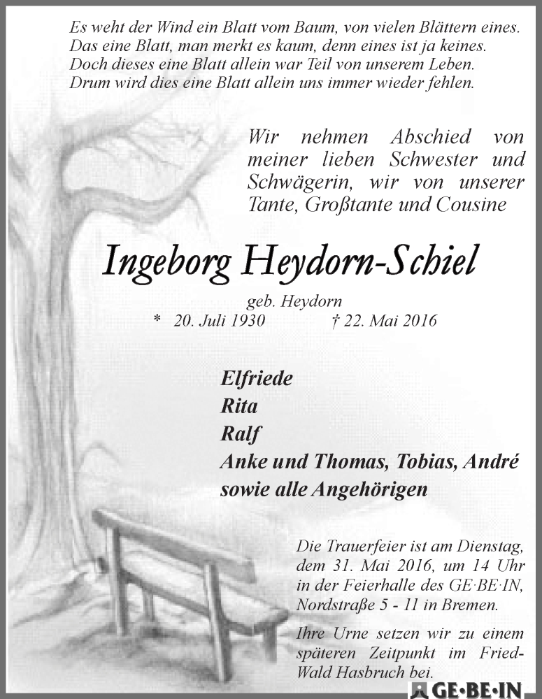 Traueranzeige von Ingeborg Heydorn-Schiel von WESER-KURIER
