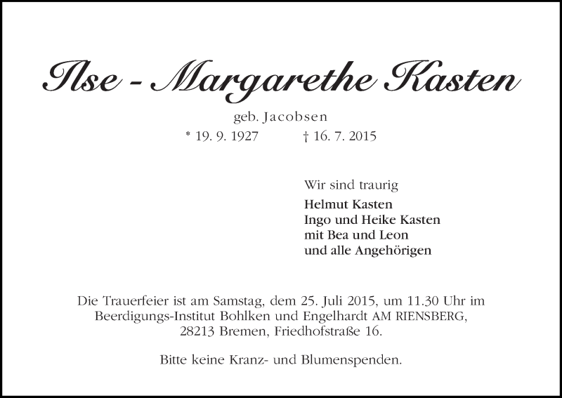Traueranzeige von Ilse-Margarethe Kasten von WESER-KURIER