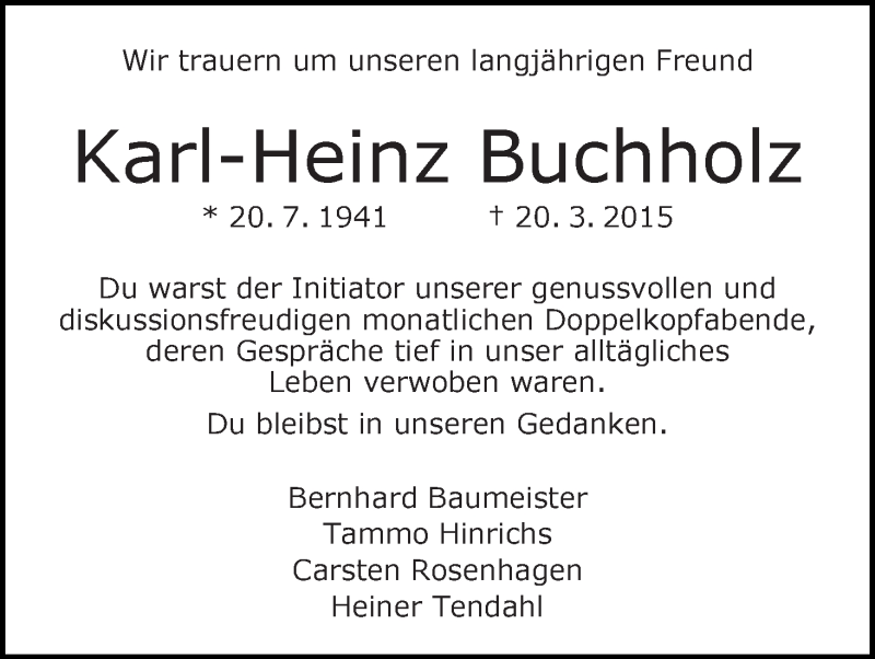 Traueranzeige von Karl-Heinz Buchholz von WESER-KURIER