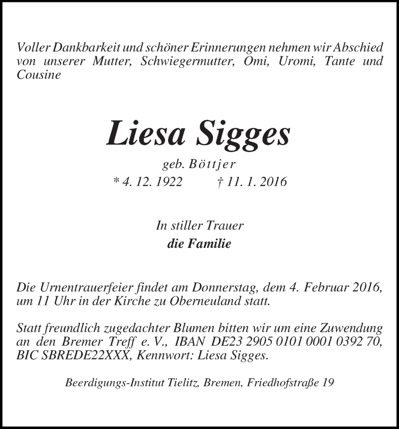 Traueranzeige von Liesa Sigges von WESER-KURIER