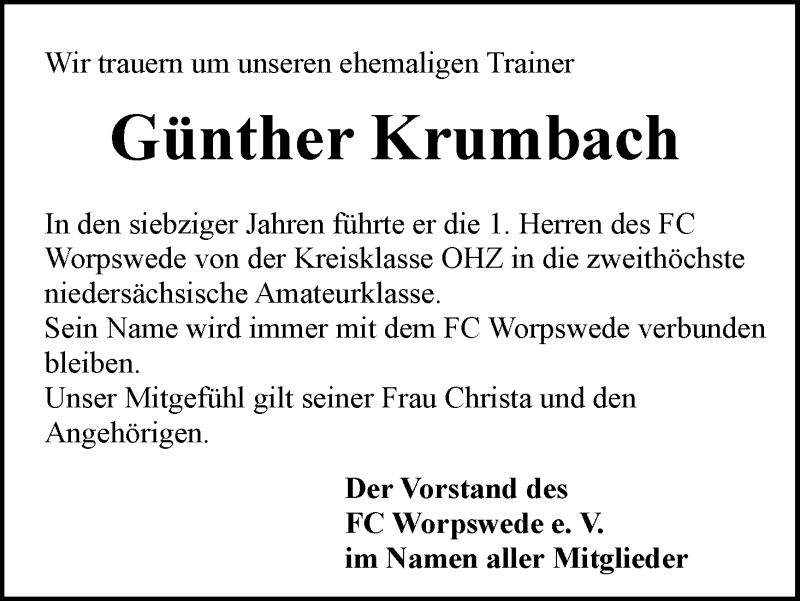 Traueranzeige von Günther Krumbach von Wuemme Zeitung