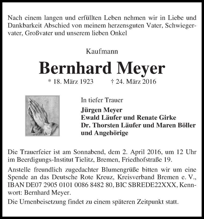 Traueranzeige von Bernhard Meyer von WESER-KURIER