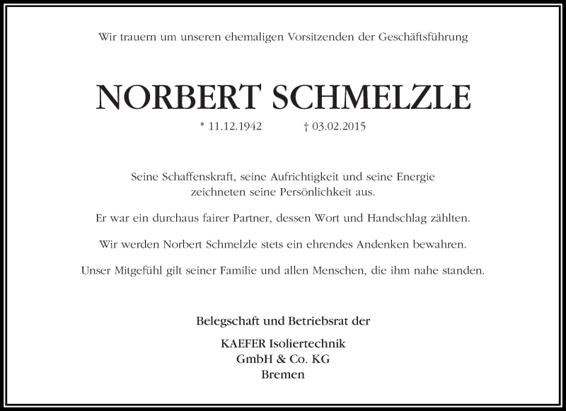 Traueranzeige von Norbert Schmelzle von WESER-KURIER