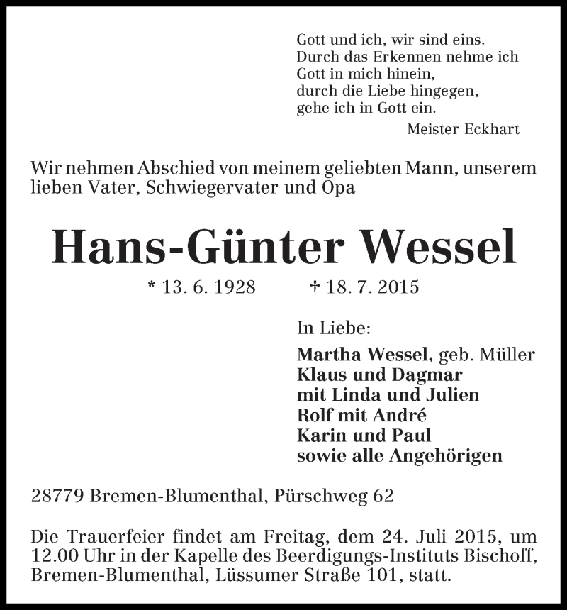 Traueranzeige von Hans-Günter Wessel von Die Norddeutsche