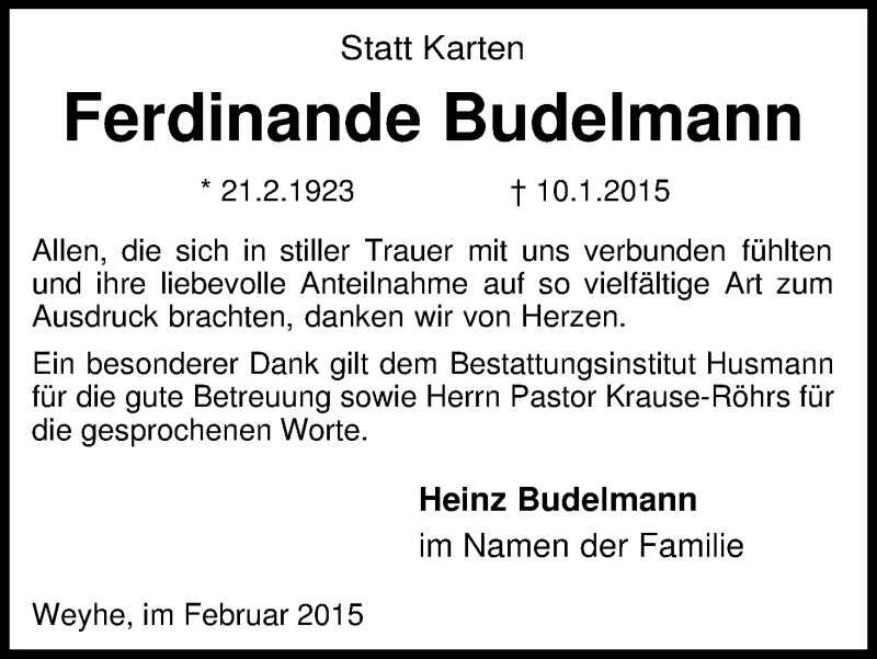 Traueranzeige von Ferdinande Budelmann von Regionale Rundschau/Syker Kurier