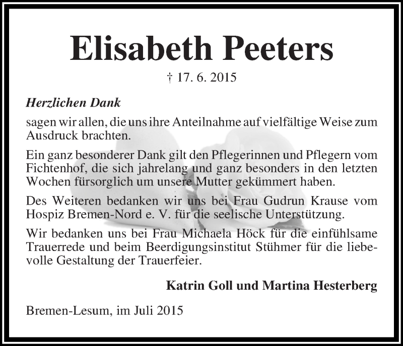 Traueranzeige von Elisabeth Peeters von Die Norddeutsche