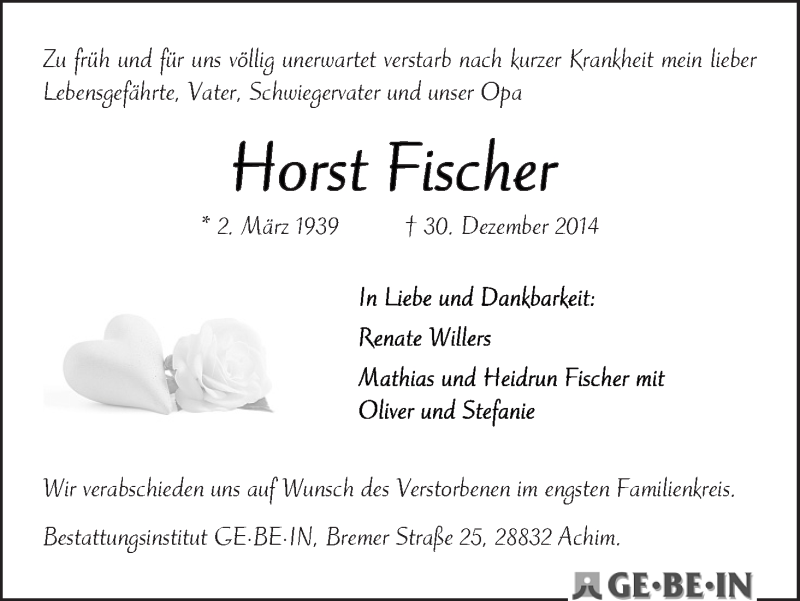 Traueranzeige von Horst Fischer von WESER-KURIER