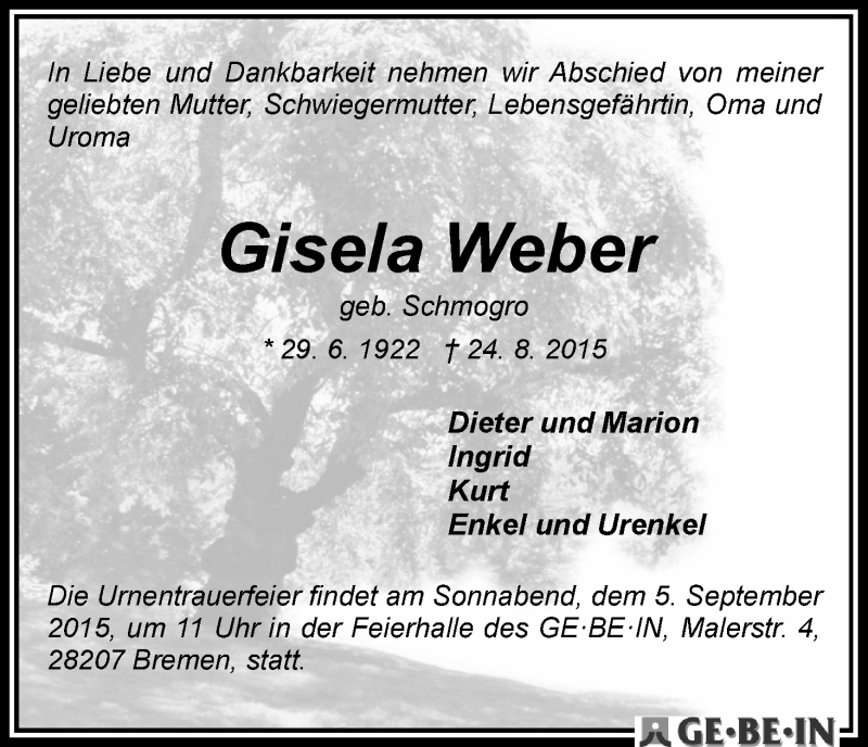 Traueranzeige von Gisela Weber von WESER-KURIER