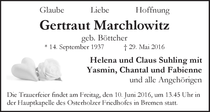 Traueranzeige von Gertraut Marchlowitz von WESER-KURIER