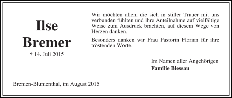 Traueranzeige von Ilse Bremer von Die Norddeutsche