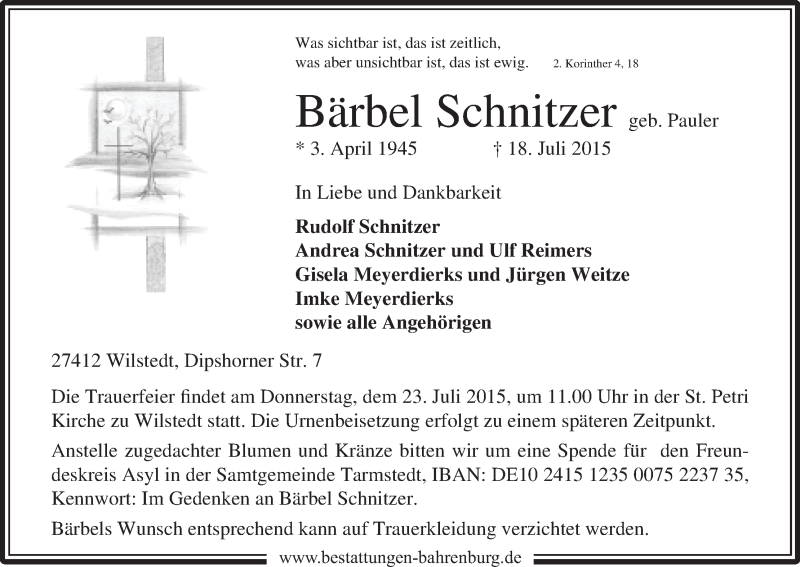Traueranzeige von Bärbel Schnitzer von WESER-KURIER