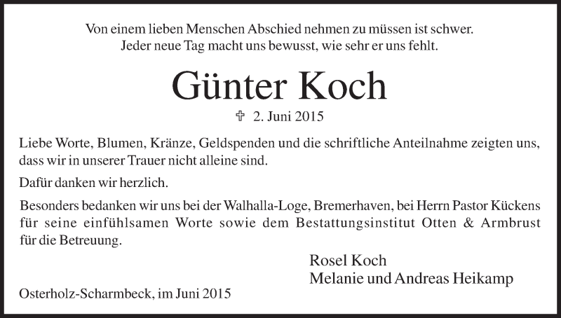 Traueranzeige von Günter Koch von Osterholzer Kreisblatt
