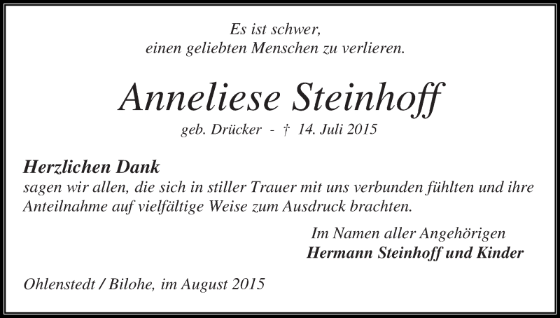 Traueranzeige von Anneliese Steinhoff von Osterholzer Kreisblatt