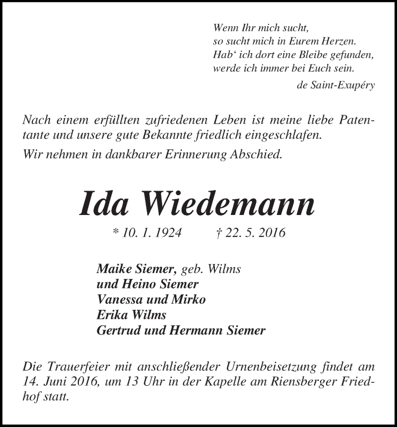 Traueranzeige von Ida Wiedemann von WESER-KURIER