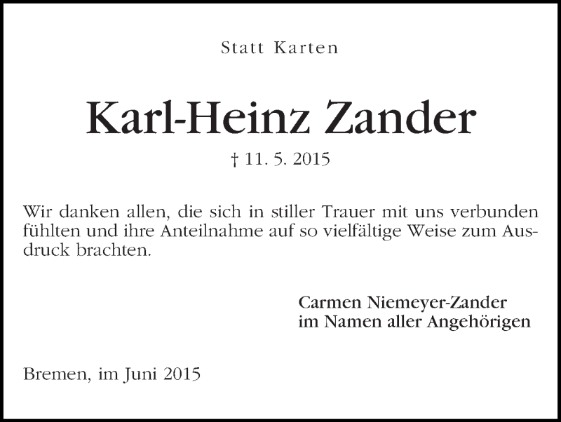 Traueranzeige von Karl-Heinz Zander von WESER-KURIER