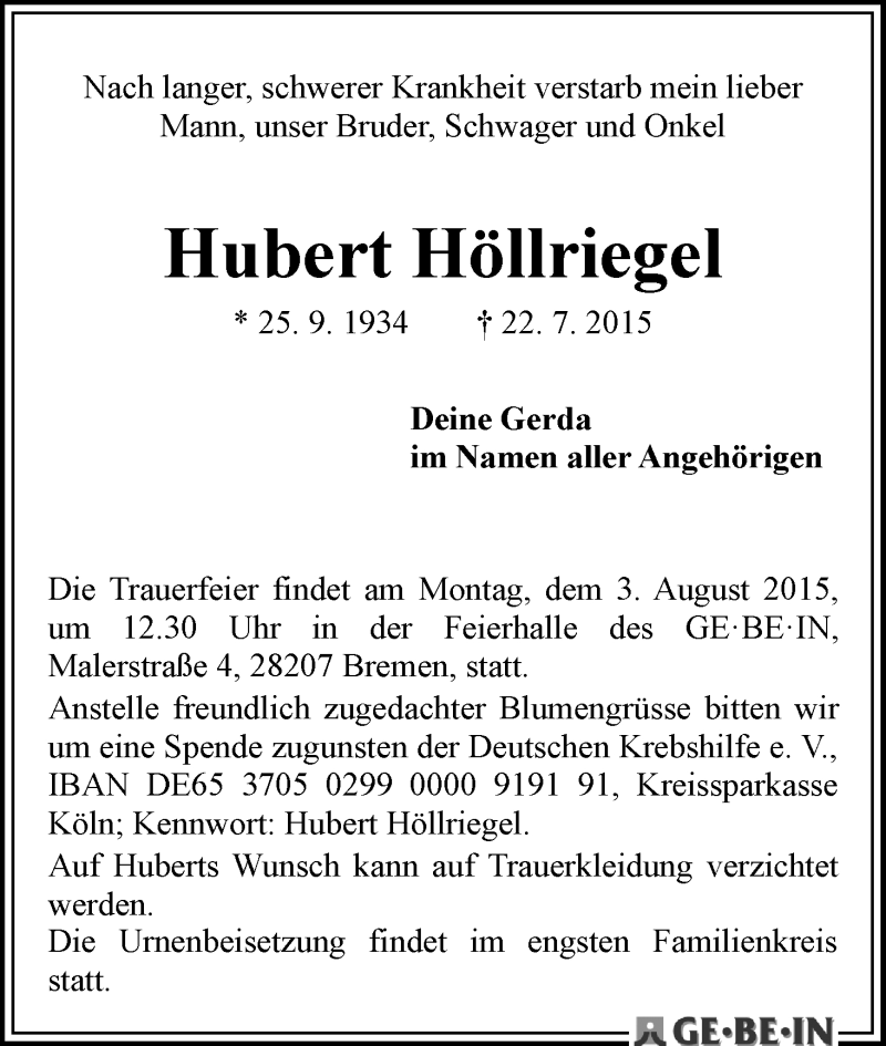 Traueranzeige von Hubert Höllriegel von WESER-KURIER
