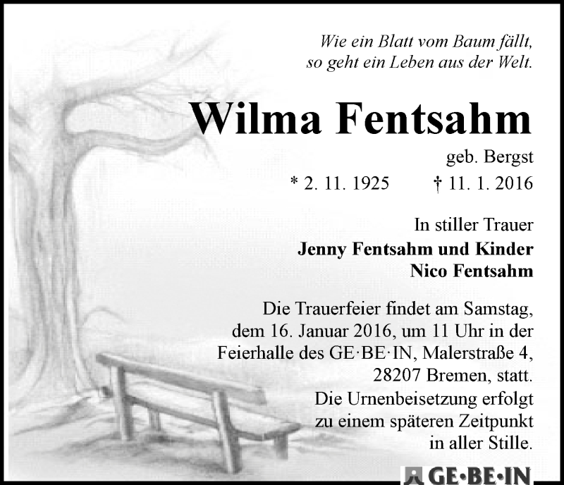 Traueranzeige von Wilma Fentsahm von WESER-KURIER