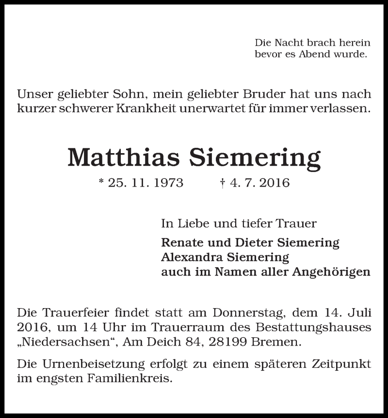 Traueranzeige von Matthias Siemering von WESER-KURIER