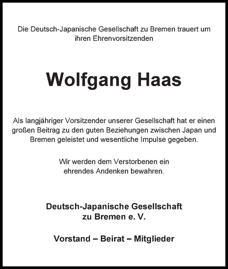 Traueranzeige von Wolfgang Haas von WESER-KURIER