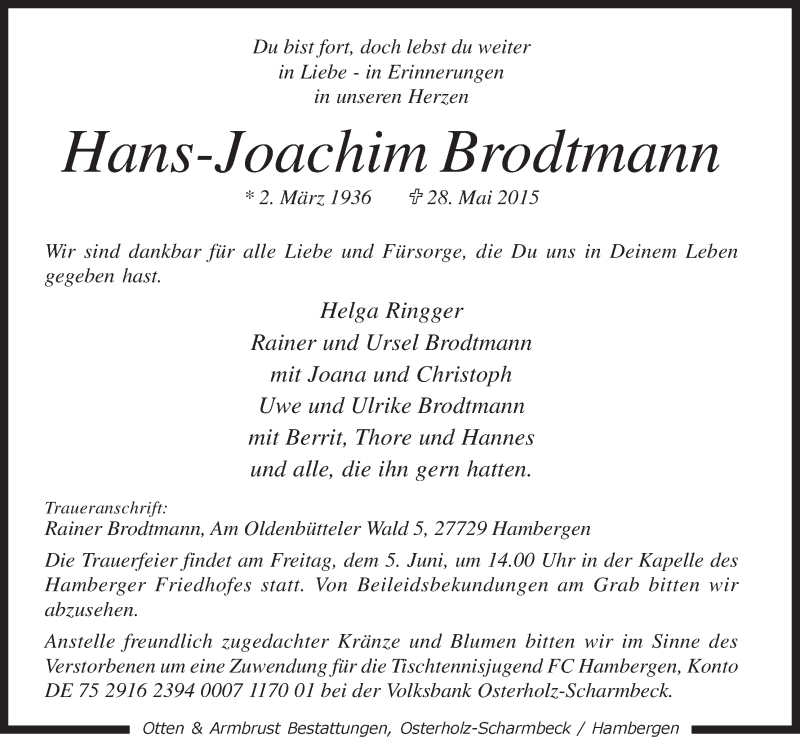 Traueranzeige von Hans-Joachim Brodtmann von Osterholzer Kreisblatt