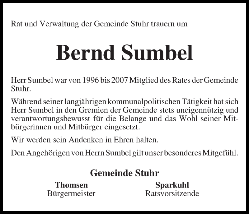 Traueranzeige von Bernd Sumbel von WESER-KURIER