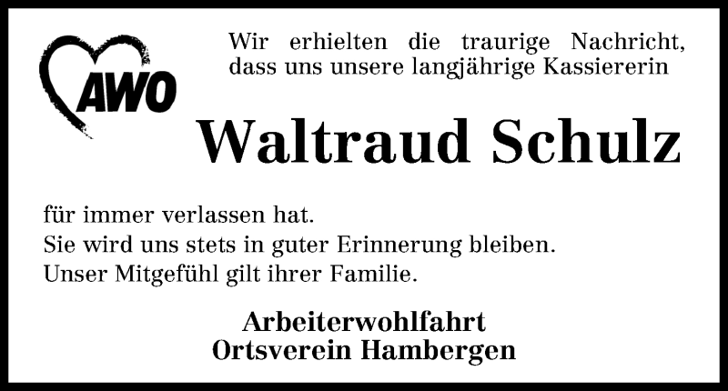 Traueranzeige von Waltraud Schulz von Osterholzer Kreisblatt