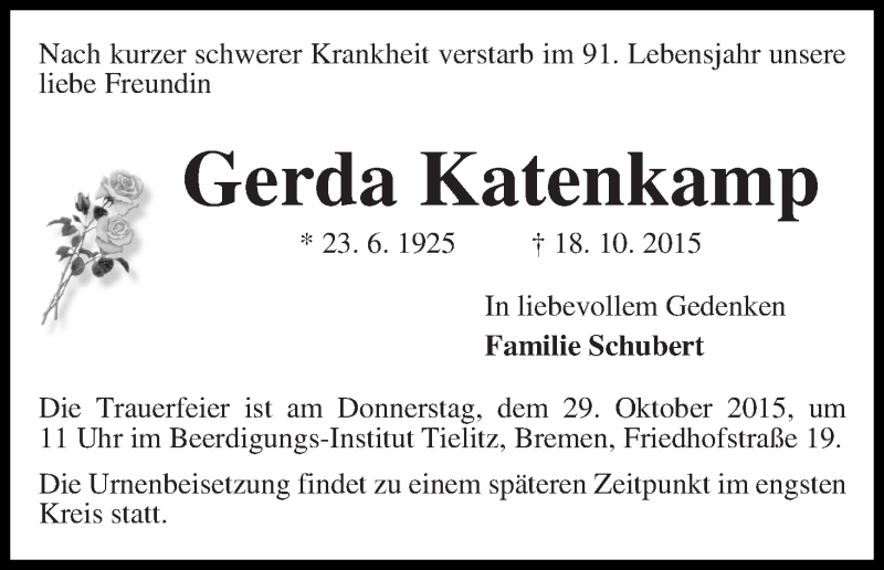 Traueranzeige von Gerda Katenkamp von WESER-KURIER
