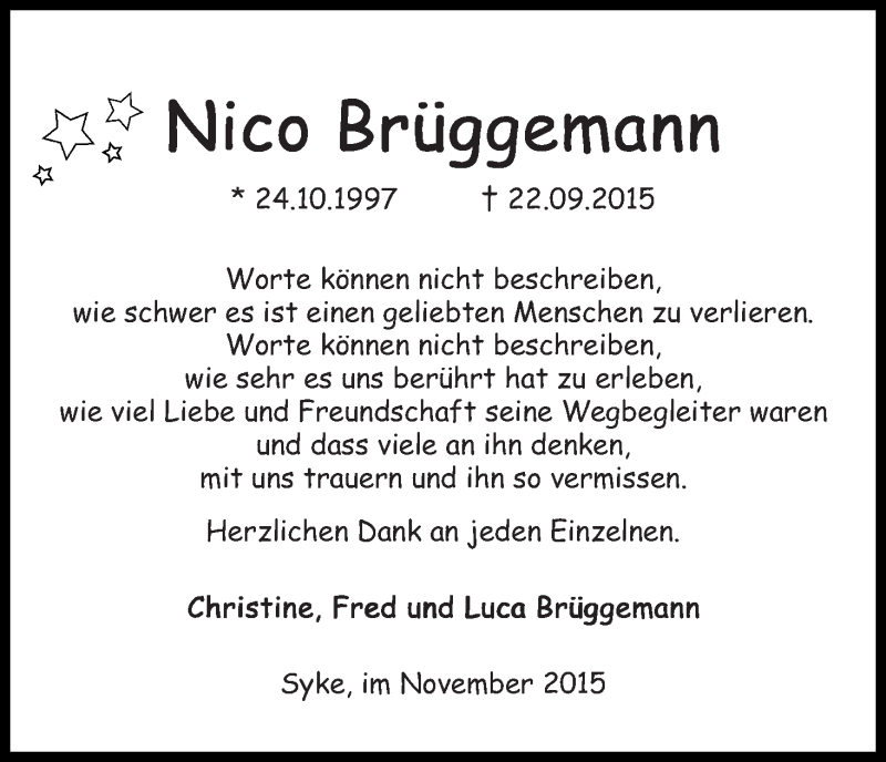 Traueranzeige von Nico Brüggemann von Regionale Rundschau/Syker Kurier