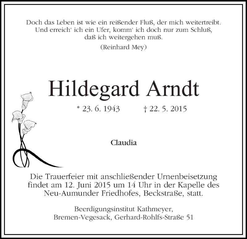 Traueranzeige von Hildegard Arndt von Die Norddeutsche