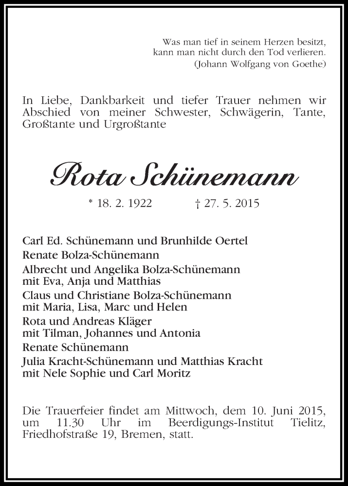 Traueranzeige von Rota Annemarie Schünemann von WESER-KURIER