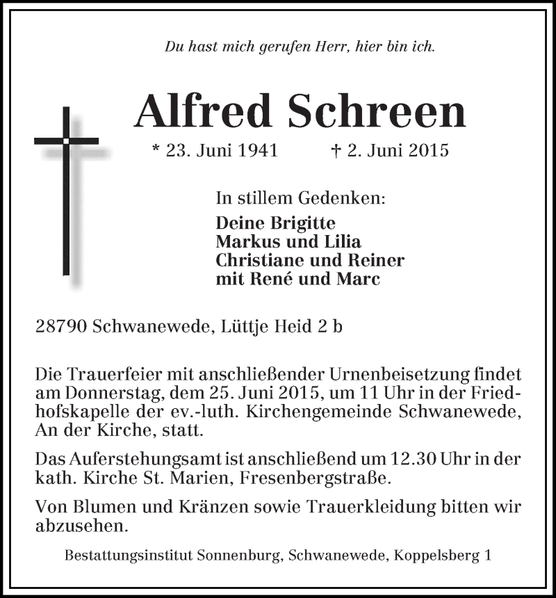 Traueranzeige von Alfred Schreen von WESER-KURIER
