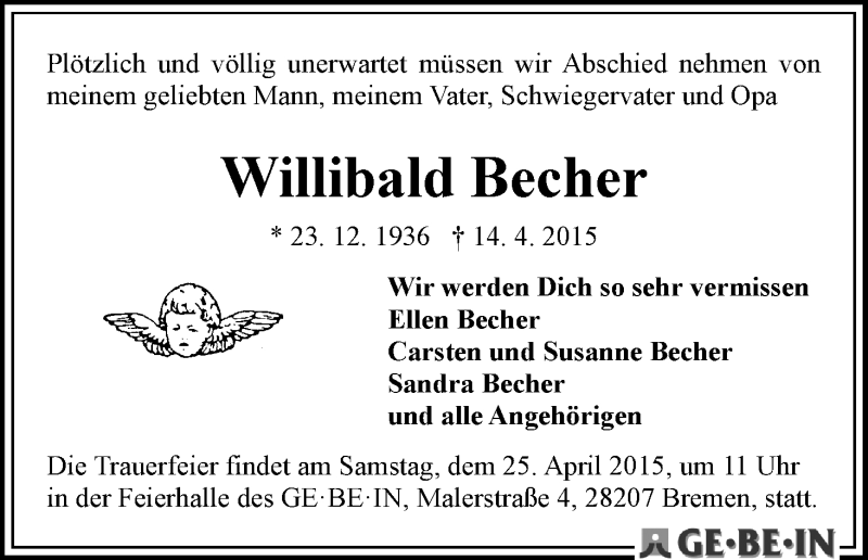 Traueranzeige von Willibald Becher von WESER-KURIER