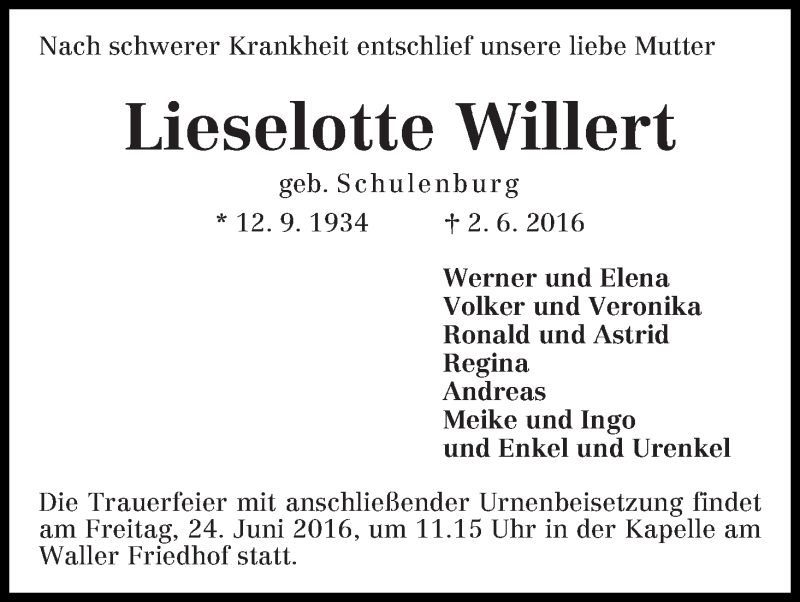 Traueranzeige von Lieselotte Willert von WESER-KURIER