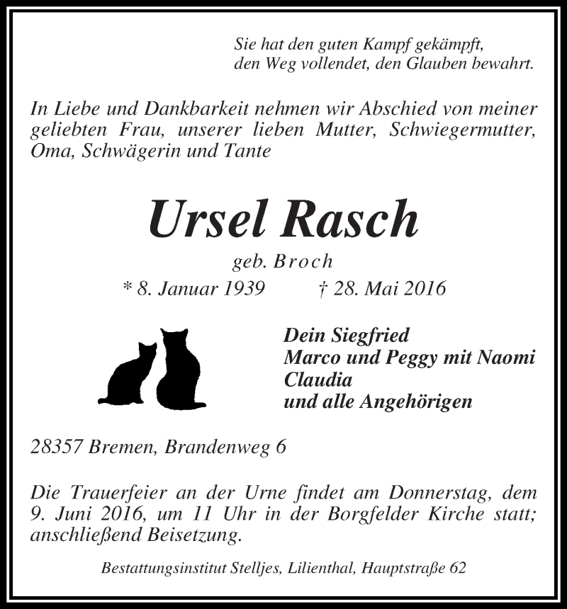 Traueranzeige von Ursel Rasch von Wuemme Zeitung